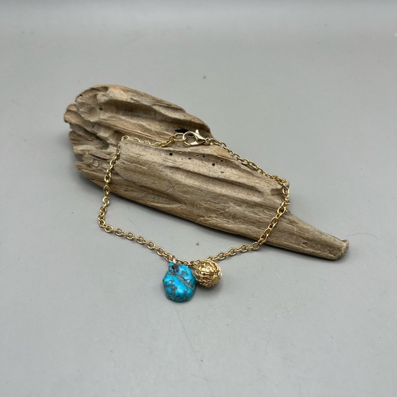 Gold Chain Bracelet with Turquoise and Gold Charms -Everyday Elegance - Picture 2 of 5